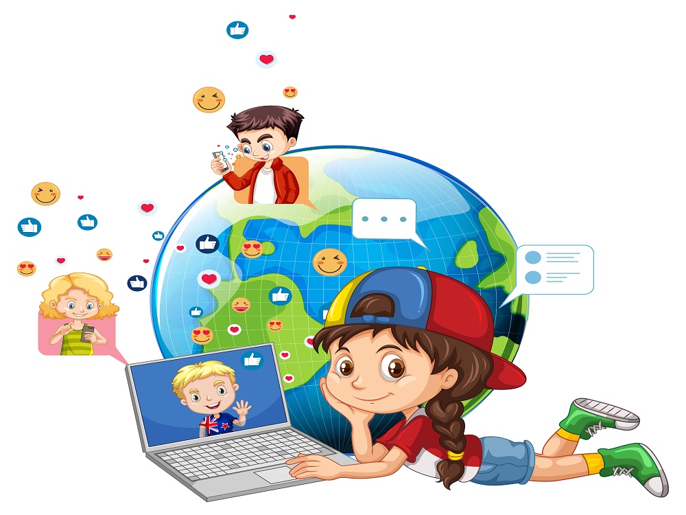 children with social media elements on earth globe